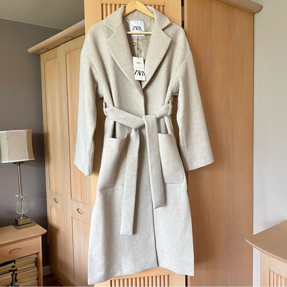 Zara wool blend belted wrap coat cream - Picture 7 of 13